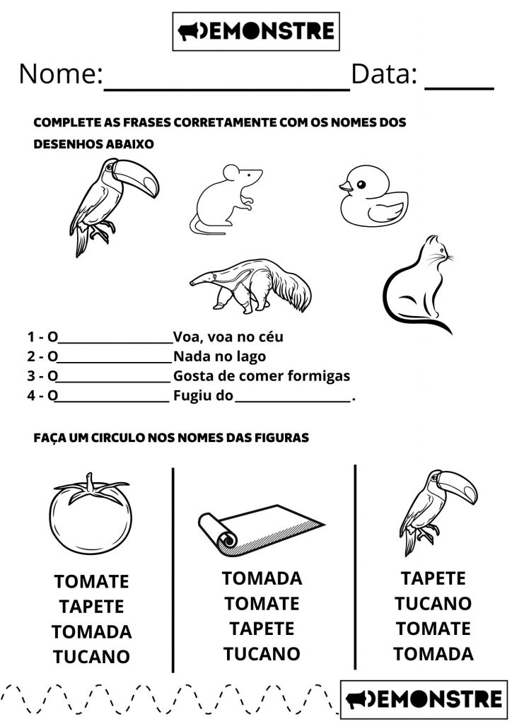 Complete as frases corretamente com os nomes dos desenhos abaixo letra t